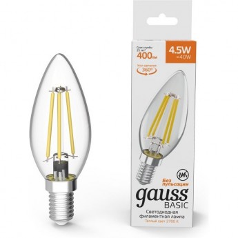 Лампа GAUSS BASIC FILAMENT Свеча 4,5W 400LM 2700К Е14 LED 1/10/50 Лампа GAUSS BASIC FILAMENT Свеча 4,5W 400LM 2700К Е14 LED 1/10/50