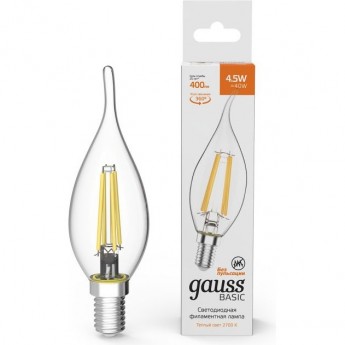 Лампа GAUSS BASIC FILAMENT Свеча на ветру 4,5W 400LM 2700К Е14 LED 1/10/50 Лампа GAUSS BASIC FILAMENT Свеча на ветру 4,5W 400LM 2700К Е14 LED 1/10/50