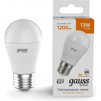 Лампа GAUSS BASIC ШАР 13W 1200lm 3000K E27 LED 1/10/100 Лампа GAUSS BASIC ШАР 13W 1200lm 3000K E27 LED 1/10/100