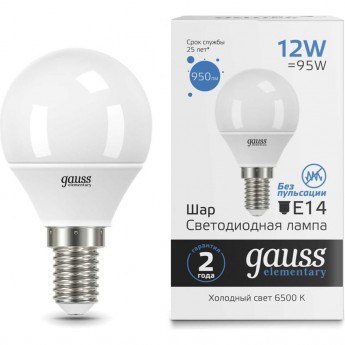 Лампа GAUSS ELEMENTARY Шар 12W 950lm 6500K Е14 LED Лампа GAUSS ELEMENTARY Шар 12W 950lm 6500K Е14 LED