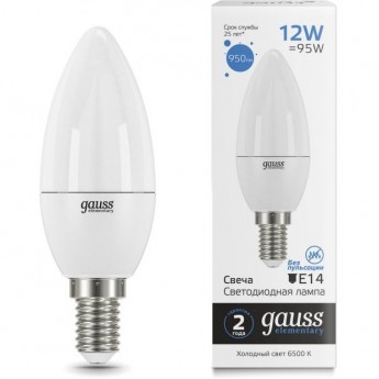 Лампа GAUSS ELEMENTARY Свеча 12W 950LM 6500K Е14 LED 1/10/100 Лампа GAUSS ELEMENTARY Свеча 12W 950LM 6500K Е14 LED 1/10/100