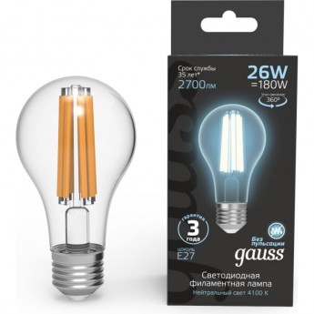 Лампа GAUSS FILAMENT А70 26W 2700lm 4100К Е27 LED Лампа GAUSS FILAMENT А70 26W 2700lm 4100К Е27 LED