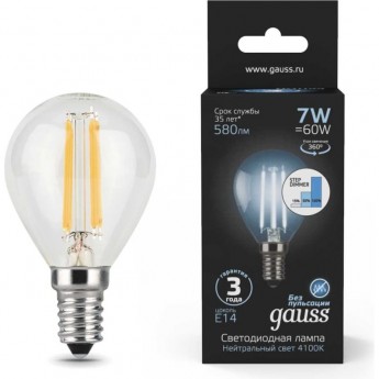 Лампа GAUSS FILAMENT Шар 7W 580lm 4100К Е14 шаг. диммирование LED Лампа GAUSS FILAMENT Шар 7W 580lm 4100К Е14 шаг. диммирование LED