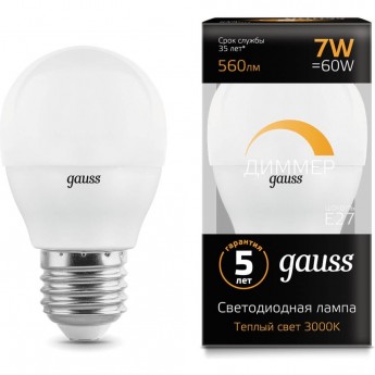 Лампа GAUSS LED 7W 3000К Е27 1/10/100 шар диммируемая Лампа GAUSS LED 7W 3000К Е27 1/10/100 шар диммируемая