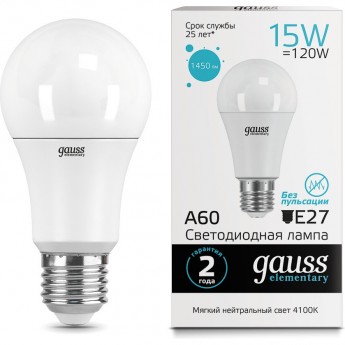Лампа GAUSS LED ELEMENTARY A60 15W E27 4100K Лампа GAUSS LED ELEMENTARY A60 15W E27 4100K