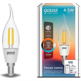 Лампа светодиодная диммируемая филаментная GAUSS SMART HOME FILAMENT E14 4,5W 2000-6500K прозрачная 1280112 Лампа светодиодная диммируемая филаментная GAUSS SMART HOME FILAMENT E14 4,5W 2000-6500K прозрачная 1280112