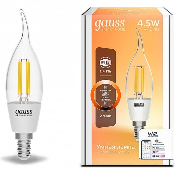 Лампа светодиодная диммируемая филаментная GAUSS SMART HOME FILAMENT E14 4,5W 2700K прозрачная 1260112 Лампа светодиодная диммируемая филаментная GAUSS SMART HOME FILAMENT E14 4,5W 2700K прозрачная 1260112