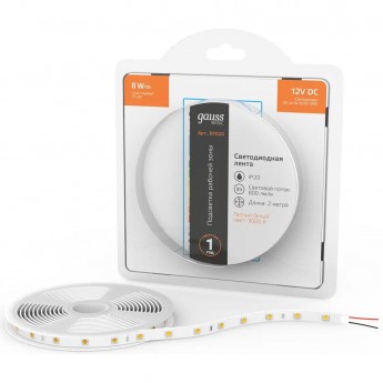 Лента GAUSS BASIC LED 5050/60 12V 8W/m 800lm/m 3000K 10mm IP20 2m Лента GAUSS BASIC LED 5050/60 12V 8W/m 800lm/m 3000K 10mm IP20 2m