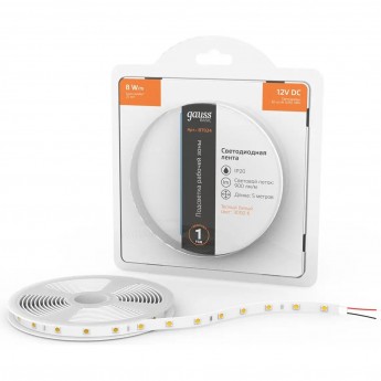 Лента GAUSS BASIC LED 5050/60 12V 8W/m 900lm/m 3000K 10mm IP20 5m Лента GAUSS BASIC LED 5050/60 12V 8W/m 900lm/m 3000K 10mm IP20 5m