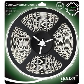 Лента GAUSS LED 2835/60-SMD 4.8W 12V DC зеленый (блистер 5 м) Лента GAUSS LED 2835/60-SMD 4.8W 12V DC зеленый (блистер 5 м)