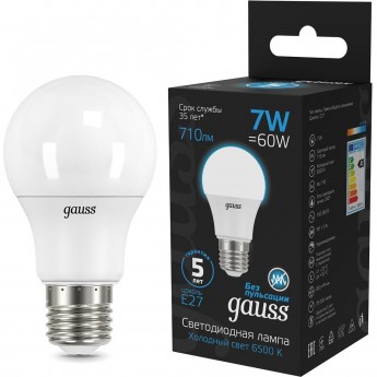 Светодиодная лампа GAUSS A60 7W 710lm 6500K E27 LED 1/10/50 Светодиодная лампа GAUSS A60 7W 710lm 6500K E27 LED 1/10/50