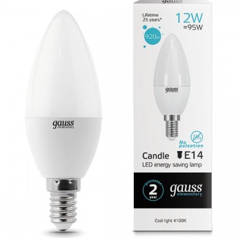 Светодиодная лампа GAUSS LED ELEMENTARY Свеча 12W 920lm E14 4100K Светодиодная лампа GAUSS LED ELEMENTARY Свеча 12W 920lm E14 4100K
